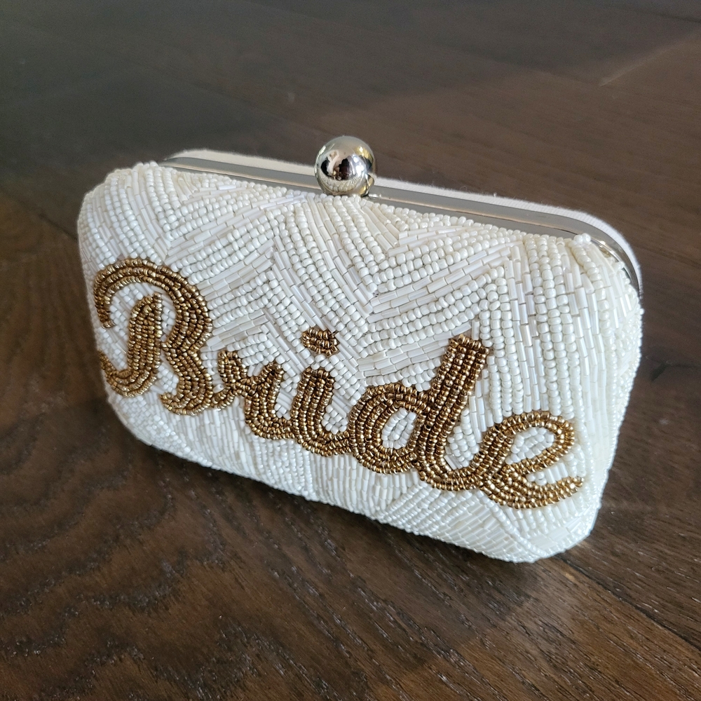 Elegant Beaded Bride Clutch - White and Gold With Silver Clasp & Chain